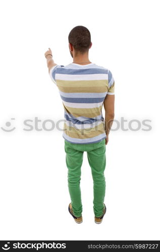 young casual man from the back pointing, full body, isolated