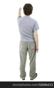 young casual man from the back pointing, full body, isolated