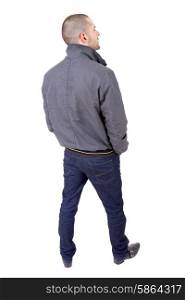 young casual man full body from behind, isolated