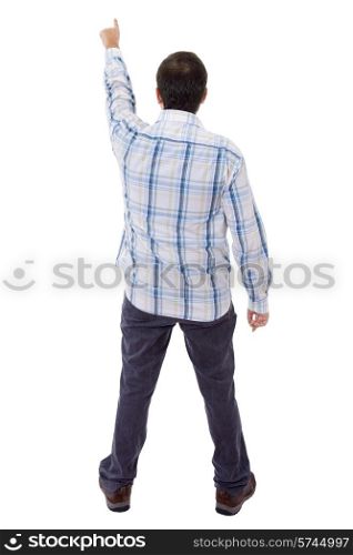 young casual man full body, from the back, pointing, isolated