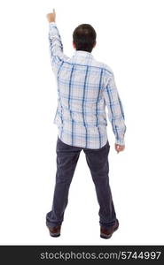 young casual man full body, from the back, pointing, isolated