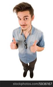 young casual man full body going thumbs up, isolated