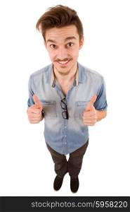 young casual man full body going thumbs up, isolated on white background