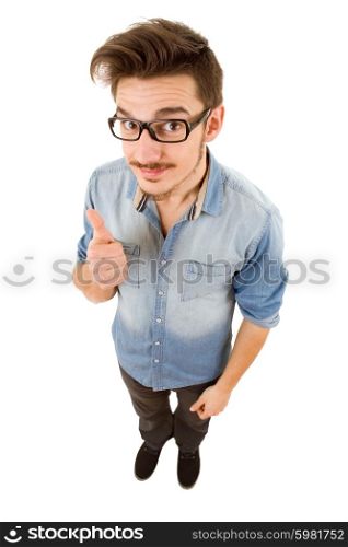 young casual man full body going thumbs up, isolated on white background