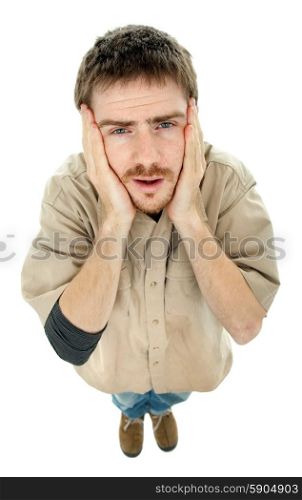 young casual man full body in pain, studio picture