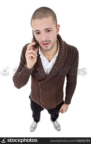 young casual man full body on the phone, isolated