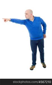 young casual man full body, pointing, isolated on a white background