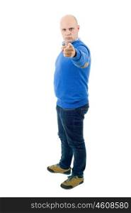young casual man full body, pointing, isolated on a white background