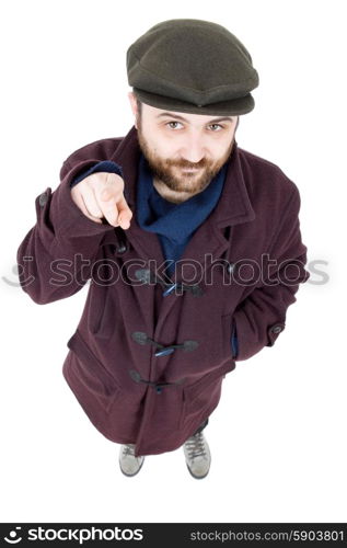 young casual man full body, pointing, isolated on white