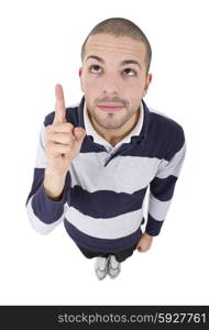 young casual man full body pointing, isolated on white