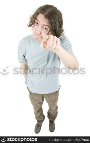 young casual man full body pointing, isolated on white