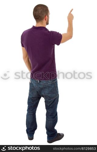 young casual man full body pointing, isolated on white