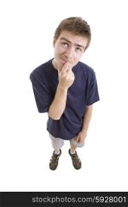 young casual man full body thinking, in a white background