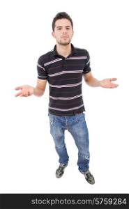 young casual man full body waiting, in a white background
