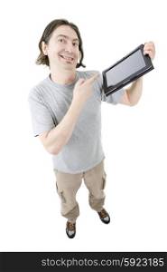 young casual man full body with a digital tablet, isolated