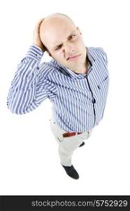 young casual man full body with a headache, in a white background
