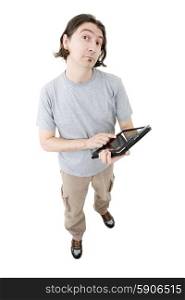 young casual man full body with a tablet, isolated