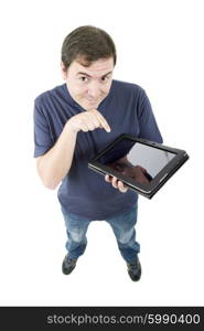 young casual man full body with a tablet, isolated
