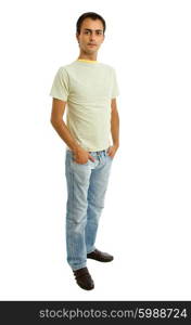 young casual man full length in a white background