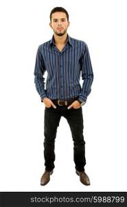 young casual man full length in a white background