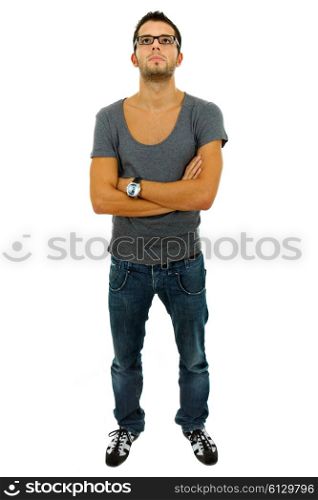 young casual man full length in a white background