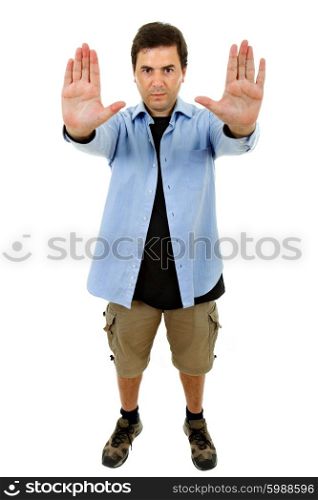 young casual man going stop with his hands, in a white background
