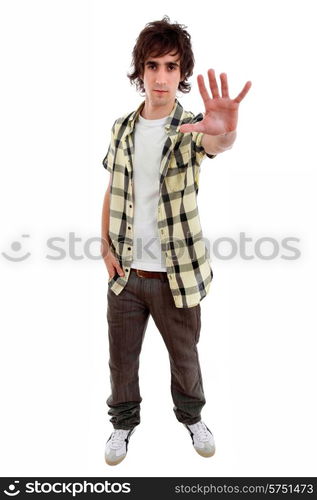 young casual man going stop with the hand, in a white background