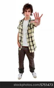 young casual man going stop with the hand, in a white background