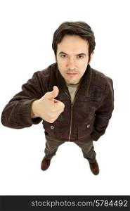 young casual man going thumb up in a white background