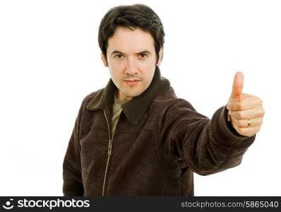 young casual man going thumb up in a white background