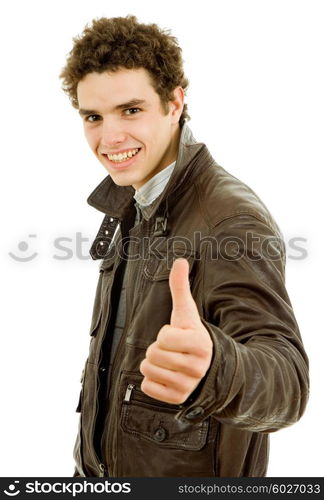 young casual man going thumb up in a white background