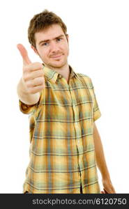 young casual man going thumb up in a white background