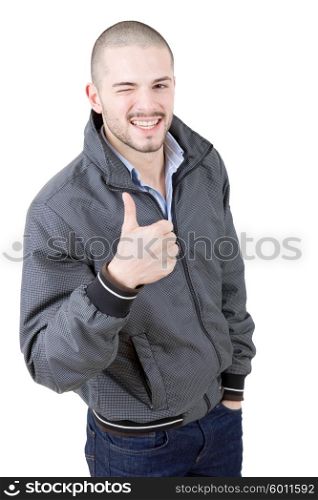young casual man going thumb up, isolated