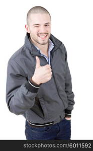 young casual man going thumb up, isolated