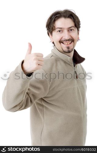 young casual man going thumb up, isolated