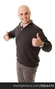 young casual man going thumb up, isolated on white