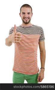 young casual man going thumb up, isolated on white