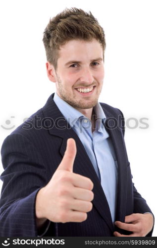 young casual man going thumb up, isolated on white