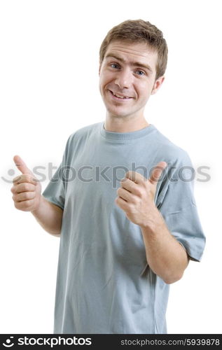 young casual man going thumb up, isolated on white