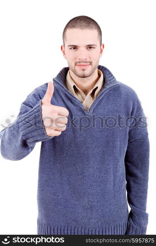 young casual man going thumb up, isolated on white