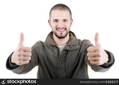 young casual man going thumb up, isolated on white