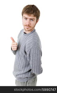 young casual man going thumb up, isolated on white