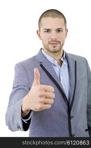 young casual man going thumb up, isolated on white