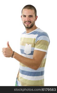 young casual man going thumb up, isolated on white