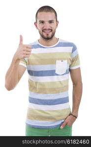 young casual man going thumb up, isolated on white