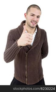 young casual man going thumb up, isolated on white