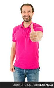 Young casual man going thumb up, isolated on white background