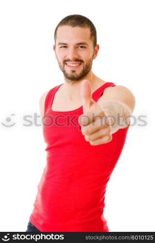 young casual man going thumb up, isolated on white background
