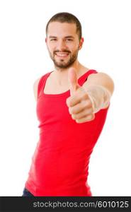 young casual man going thumb up, isolated on white background