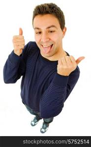 young casual man going thumbs up in a white background